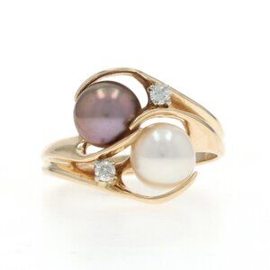 Maui Divers Pearl Diamond Ring - Yellow Gold 14k Two-Stone Bypass